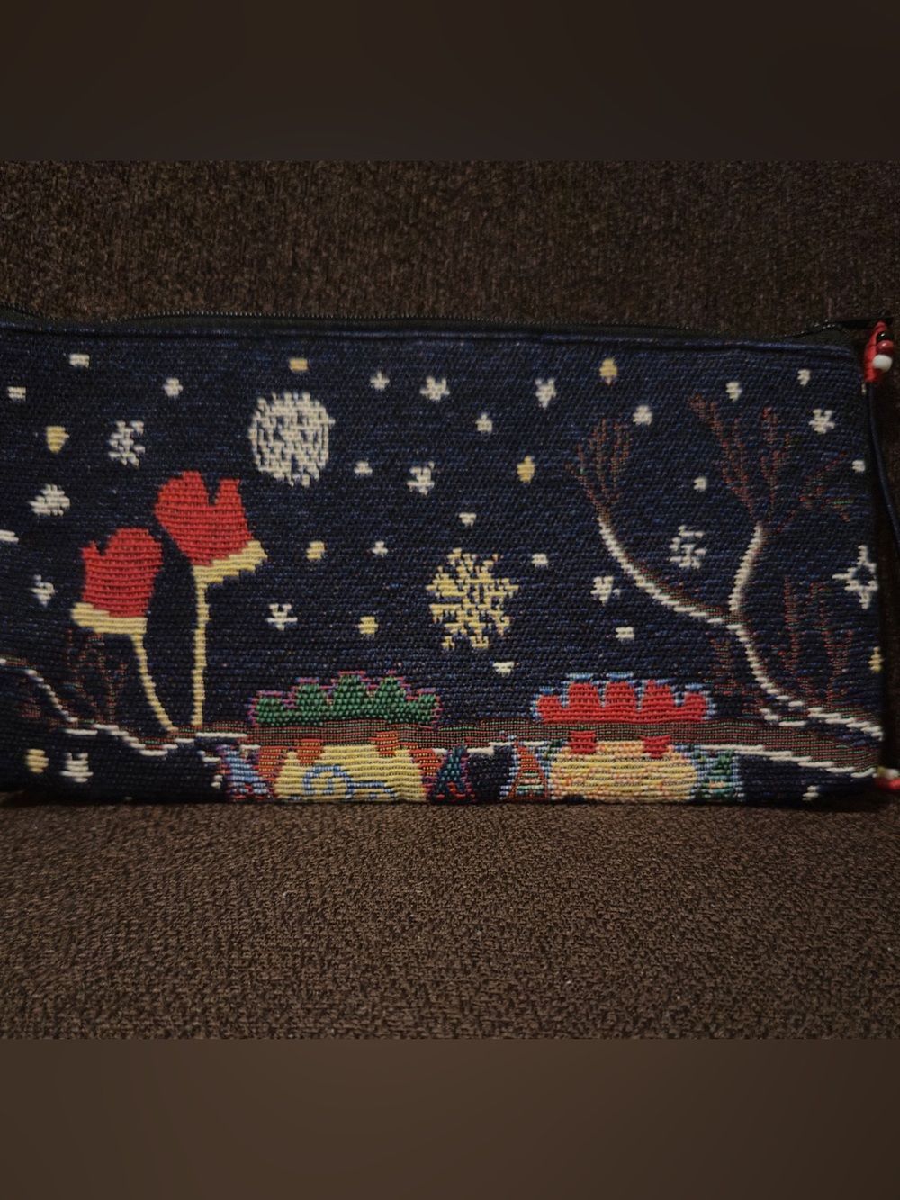 LIKE NEW Owl Wristlet Pouch in Navy with Winter Motif. 9”W x 4.5”H. - Picture 2 of 3